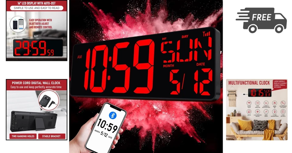 17.2'' Bluetooth Large LED Digital Wall Clock, Large Display Date and Tempera... - Image 2 of 4