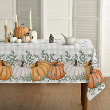 Fall Tablecloth 60X84 Inch Rectangular, Thanksgiving Autumn Harvest Orange Pumpk
