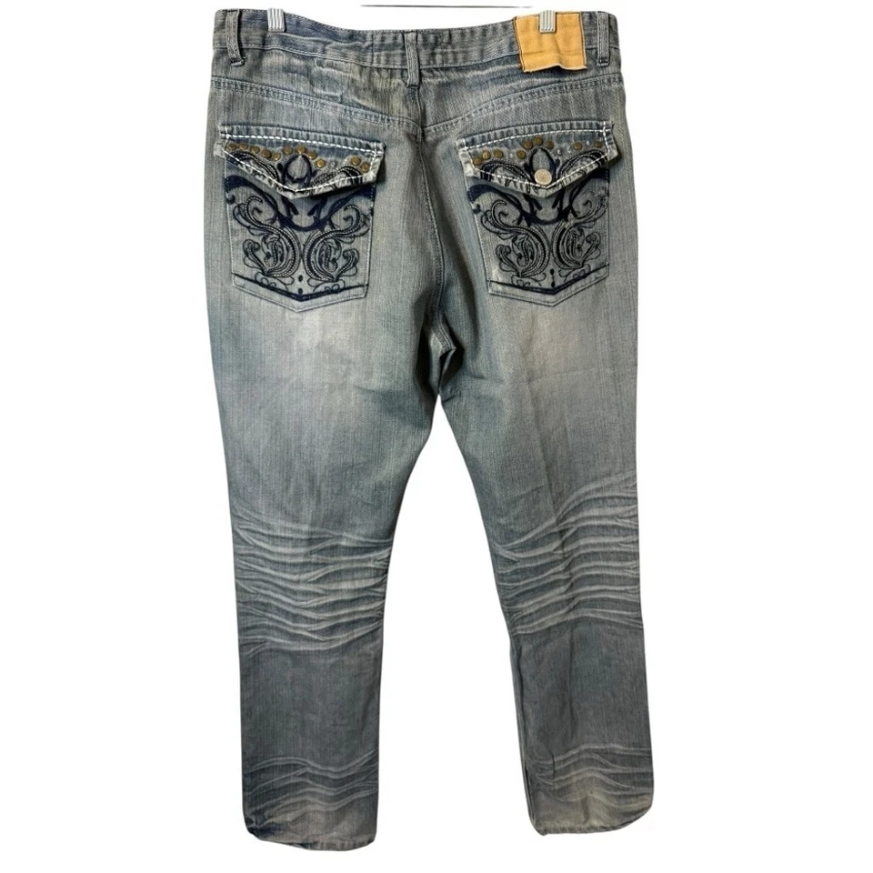 Pantalones de mezclilla vintage Y2K Hama para hombre 36x32 bordados con solapa bolsillo desgastados ropa de calle Foto 4 de 4