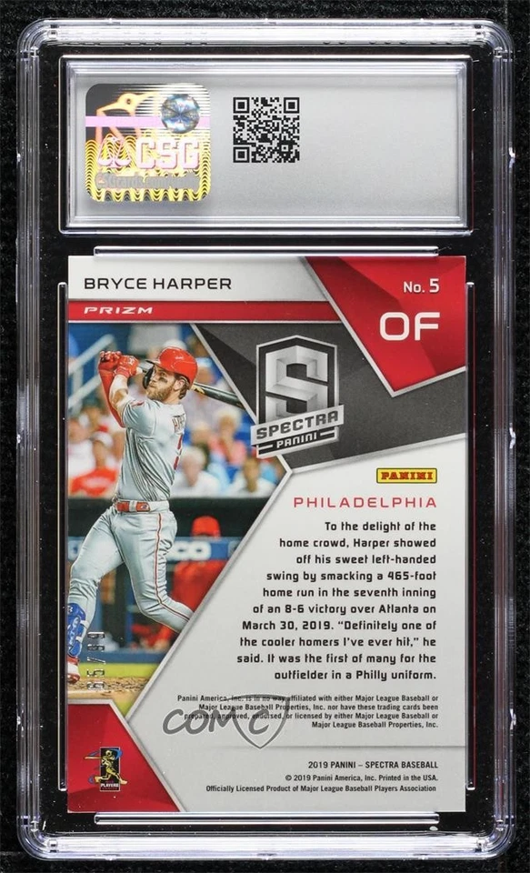 2019 Panini Chronicles Spectra Neon Blue Prizm /99 Bryce Harper #5 CSG 9 Mint - Image 2 of 2