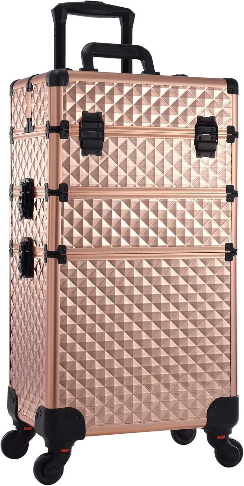 Rose Gold 3-in-1 Makeup Train Case with Wheels & Lock - Diamond Pattern