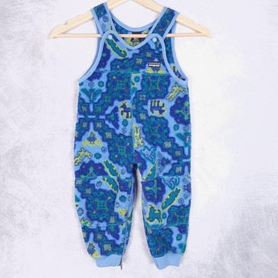 Vintage Patagonia Fleece One Piece Overalls Boys12M Blue Animal Print USA 90s