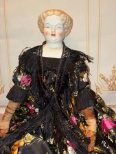 Large Parian Bisque Head Lady Doll High Brow Blonde Hair Leather hands 25"