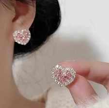 Pink Silver Tone Heart Stud Earrings Rhinestone Metal Fashion Jewelry