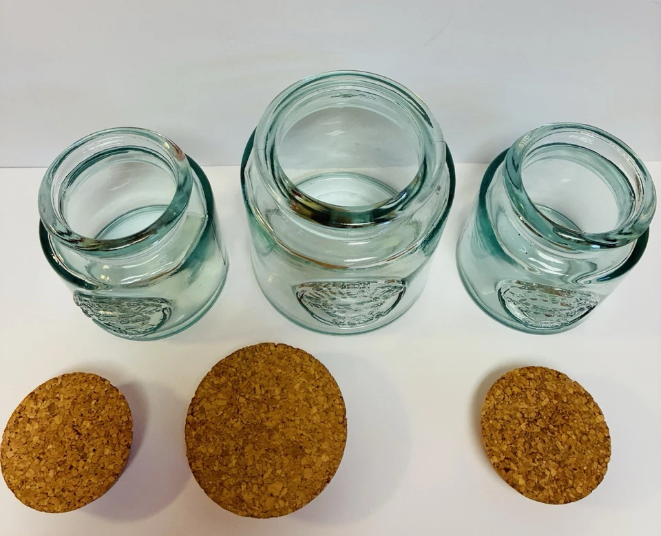 Glass Canister Set Of 3. Sam Miguel 100 % Recycled Glass Set With Cork Lids. - Image 2 of 4