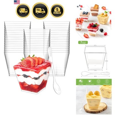 7 oz Square Mini Dessert Cups with Spoons - 50 Pack Plastic Pudding & Parfait...