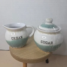 Sheffield Home Creamer & Sugar Bowl with Lid Set Seaglass Farmhouse Ceramic