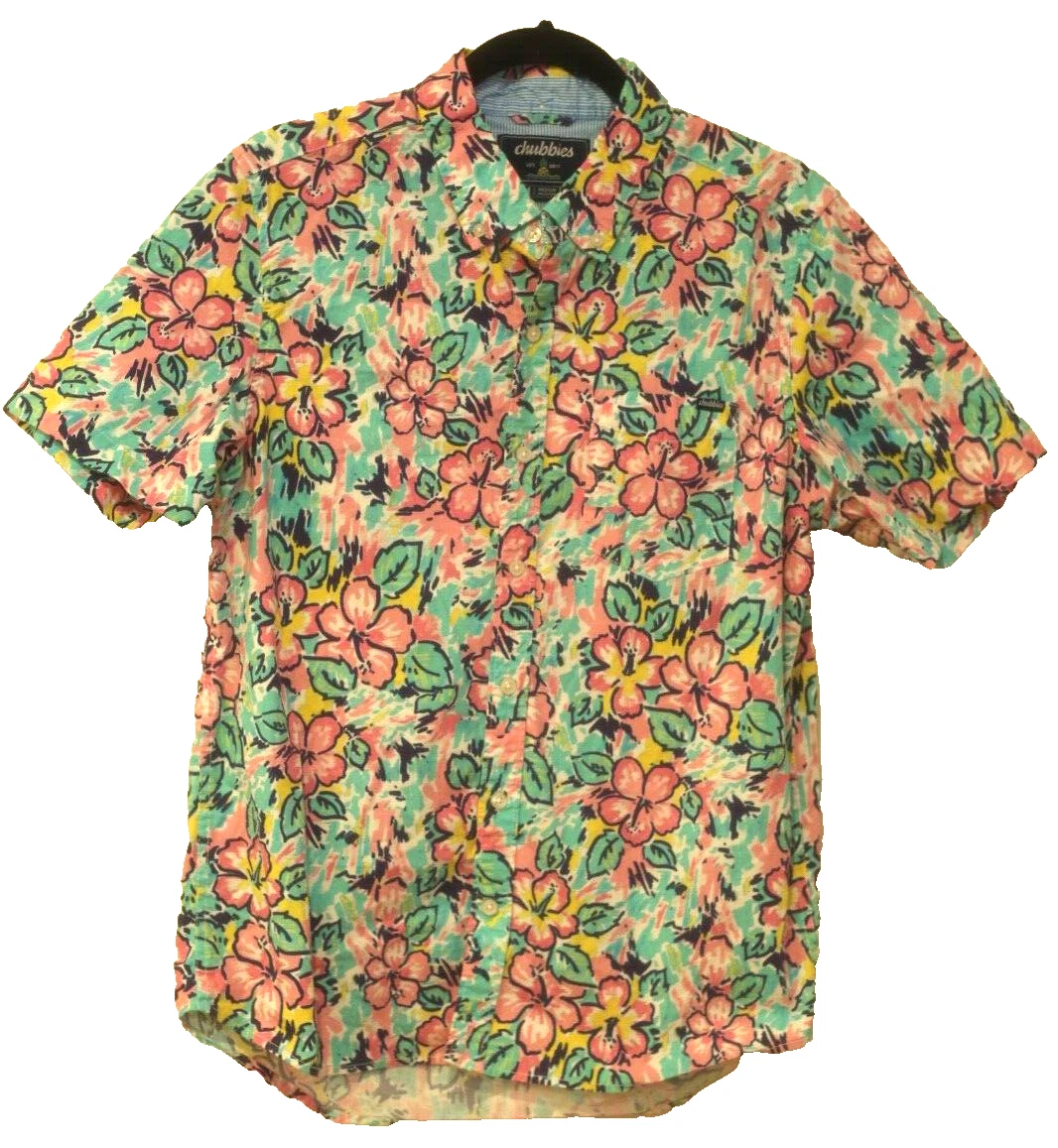 Chubbies Men's Size Medium Hawaiian Shirt Button Down Floral Stretch Pink Blue