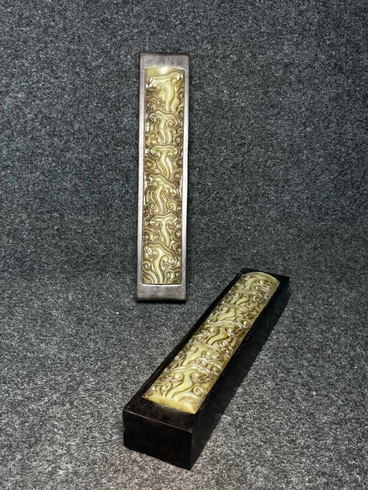 Black sandalwood inlaid carved jade stone ruler Foto 2 de 4