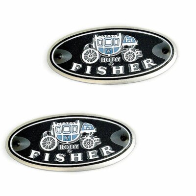 ''Body By Fisher'' Aluminum Door Sill Scuff Plate Emblems Decals Pair New Set