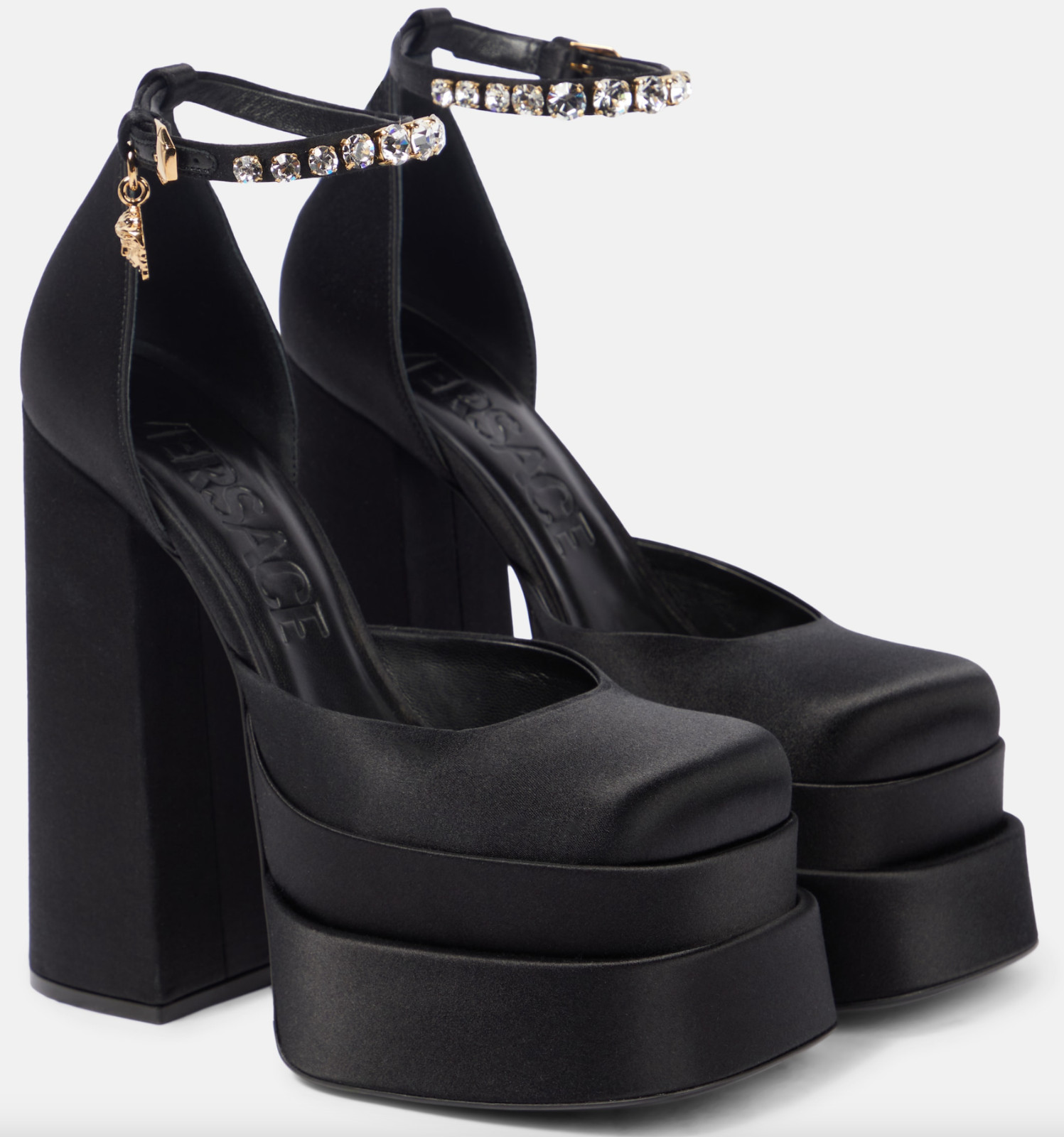 NIB Versace Medusa Aevitas Black Satin Logo Crystal Platform Pumps Sz 39 9 $1575 thumbnail 4