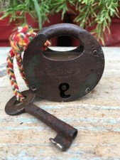 Collectible Vintage Rare Original Indian Hand Forged KING Marked Iron Lock & Key