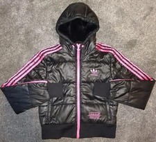 Adidas Women's Black Pink Chile 62 Shiny Hooded Fur Puffer Coat Size 36 Rare