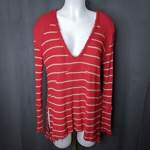 Details about   FREE PEOPLE Women’s MEDIUM Red & Tan Striped SUNSET PARK Waffle Knit Thermal TOP 