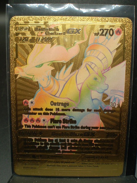 Reshiram & Charizard GX Rainbow Custom Fan Art Gold Metal Pokemon