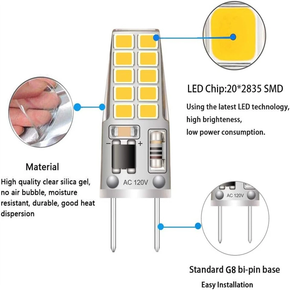 G8 LED Light Bulb 120V 3W Dimmable Bulb for Under Cabinet White Warm White 5Pcs - Image 2 of 4