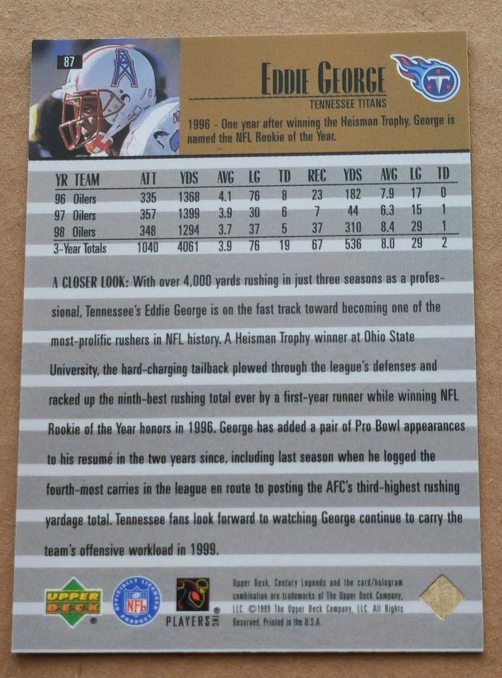 1999 Upper Deck Century Legends #87 Eddie George Tennessee Titans - Image 2 of 2