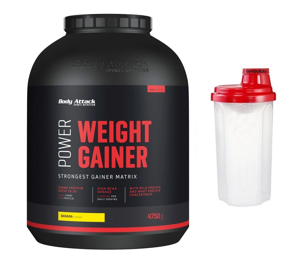(EUR 12,71/kg) Power Weight Gainer Body Attack 4750g 4,75 Kg + Shaker