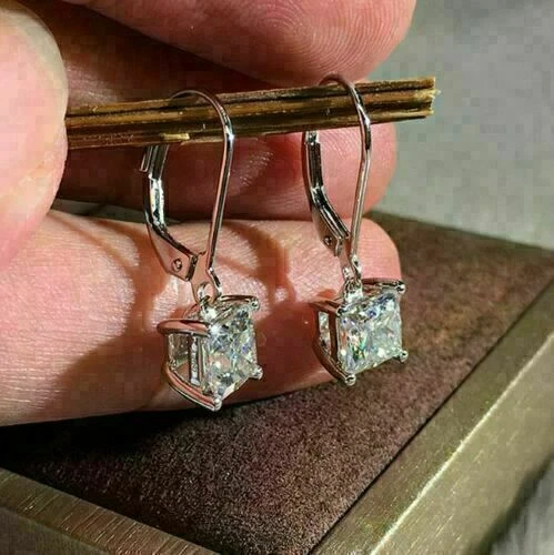3.00 Ct Princess Cut Diamond Simulated Drop Dangle Earrings 925 Sterling Silver - Image 4 of 4