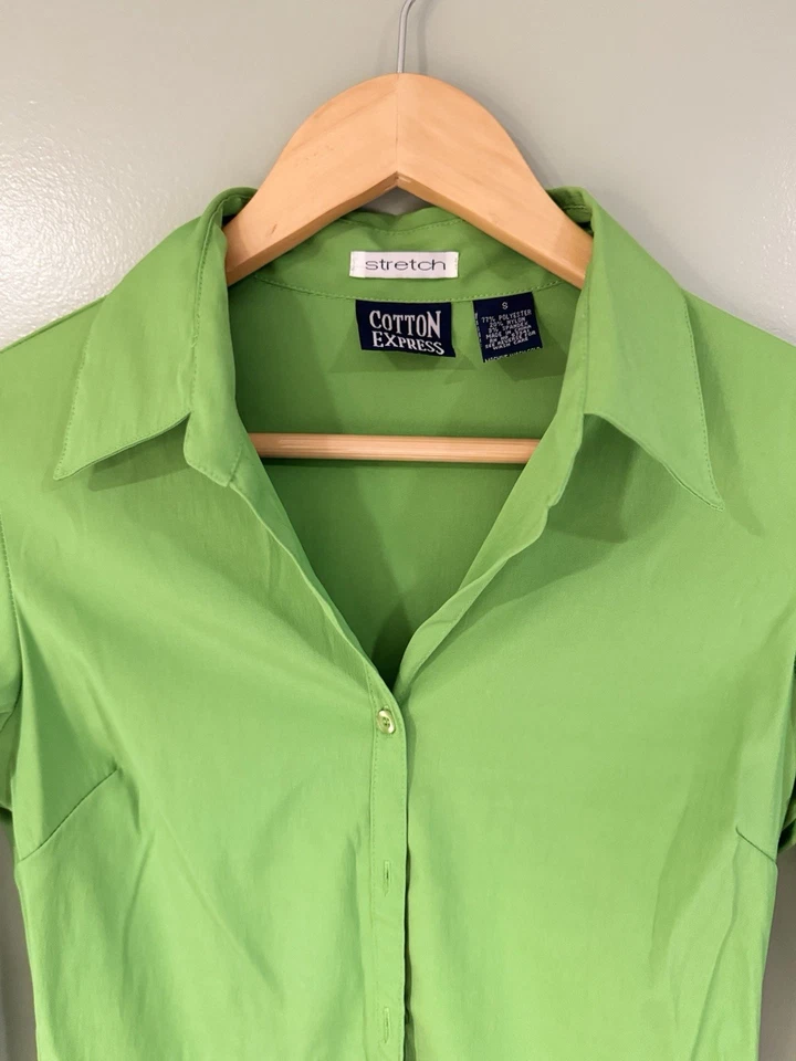 Camisa vintage Y2K Cotton Express para mujer S cuello brillante botones verdes elásticos Foto 4 de 4