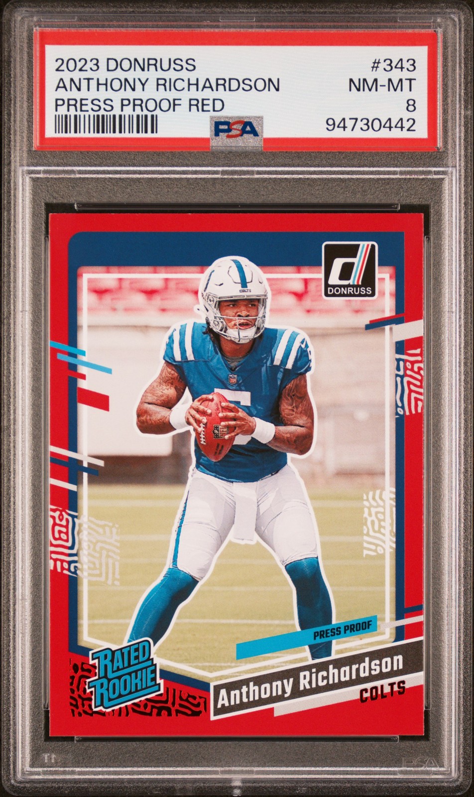 Anthony Richardson 2023 Panini Donruss #343 Press Proof Red Rookie PSA 8
