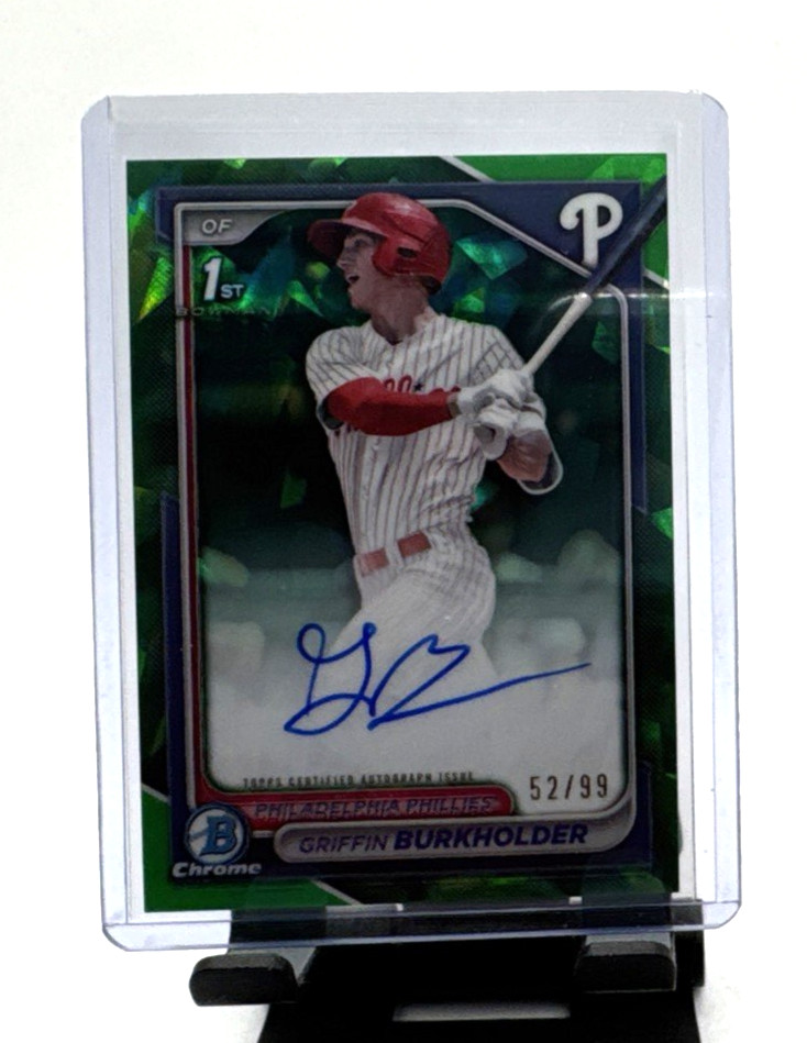 GRIFFIN BURKHOLDER 2024 BOWMAN CHROME DRAFT SAPPHIRE GREEN REFRACTOR AUTO #52/99