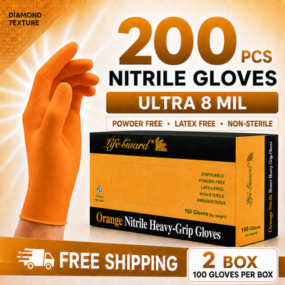 200 Pcs Heavy Grip Industrial Orange Nitrile Gloves Dimond Texture 2 Box