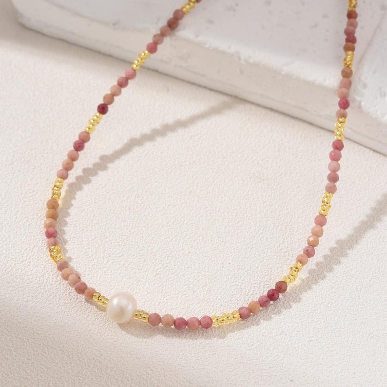 "Pearl & Pink Opal 2 Faceted Round 2MM Gemstone Beaded Gold Plated Necklaces 18\""