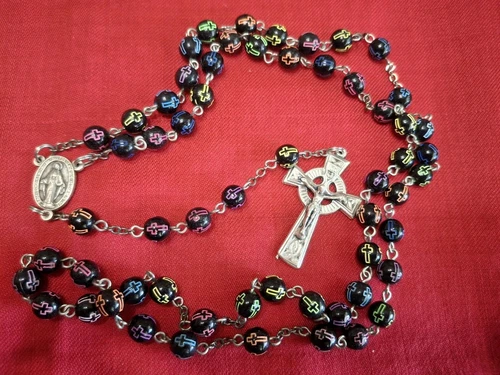 Rosary Handmade Pastel Black Beads 21" New Catholic Celtic Crucifix 1st Communio