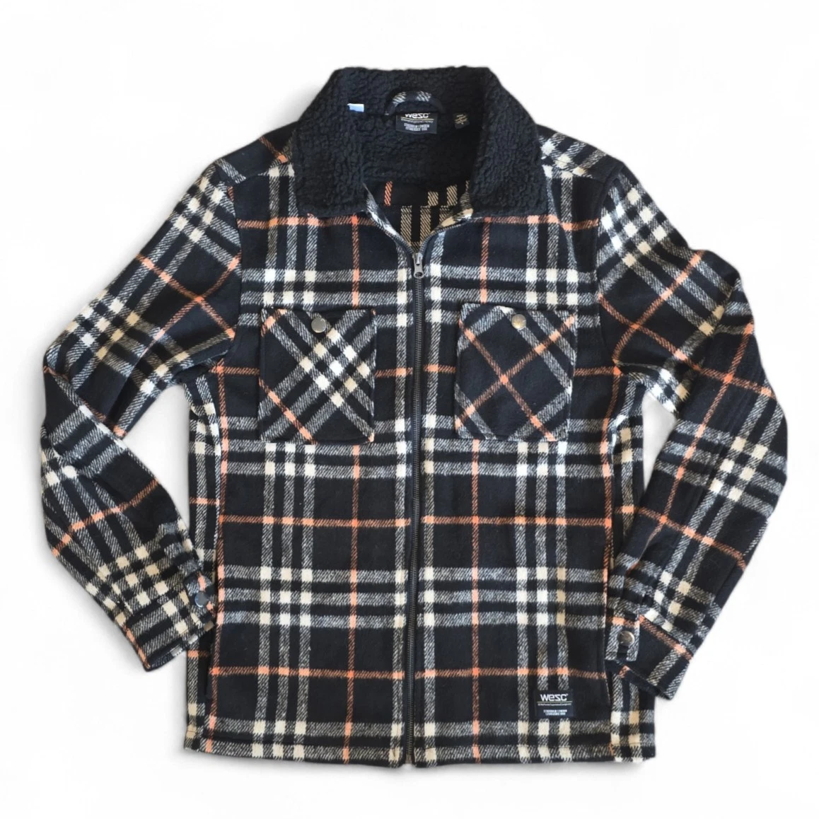 WESC Liam Plaid Fleece Full-Zip Shirt Jacket Shacket Black Paid Unisex M/L