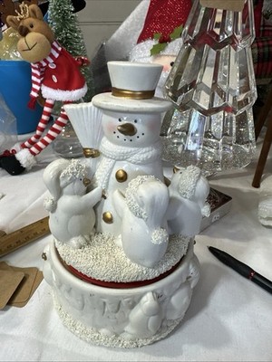 White Snowman Penguins Turning Music Box   ''Jingle Bells'' white porcelain