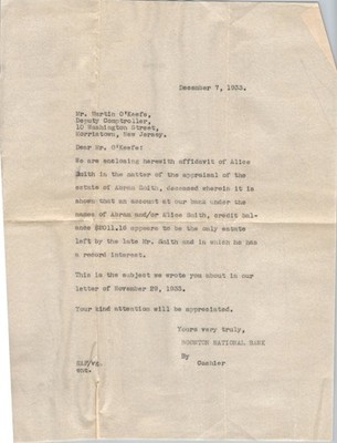 1933 Boonton National Bank Estate Probate Letter New Jersey Depression Era