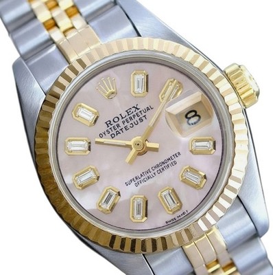 Rolex Datejust Two-Tone 14KY SS Pink Mother of Pearl Diamond Baguette 26mm Watch
