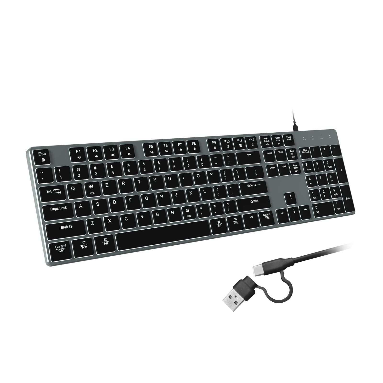 Wired Backlit Keyboard for Windows/Mac,Aluminum Slim & Quiet Full Size Keyboa...