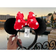 DisneyPark Mickey Black Headband Plush Minnie Mouse Red White Polka Dot Bow Ears