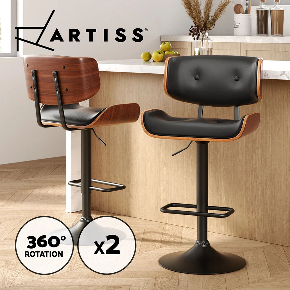 Artiss 2x Bar Stools Kitchen Dining Chairs Gas Lift Stool Leather All Black
