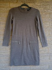 Tahari Merino Wool Long Sleeve Sweater Dress Lt Brown Zipper Accents Size XS
