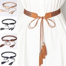 Women Long Hollow Out Waistband Girdle Waist Belt Tassel Lace-up Dress Decor