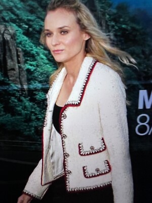 CHANEL 06A VINTAGE TWEED ECRU JACKET BRAIDED TRIM CC JEWELED