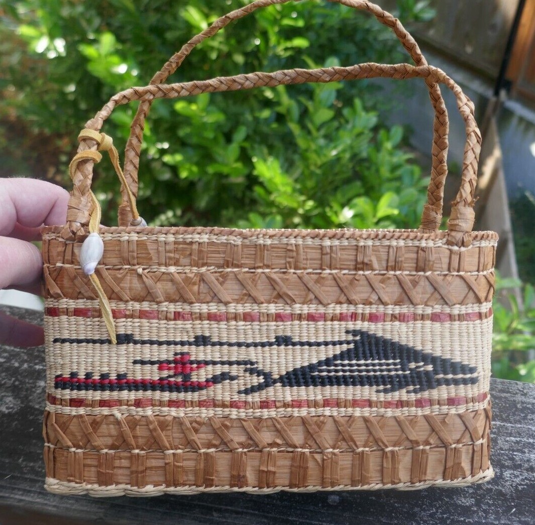 Vintage Makah Native J.D. Parker Pictorial Hand Woven Basket Purse With