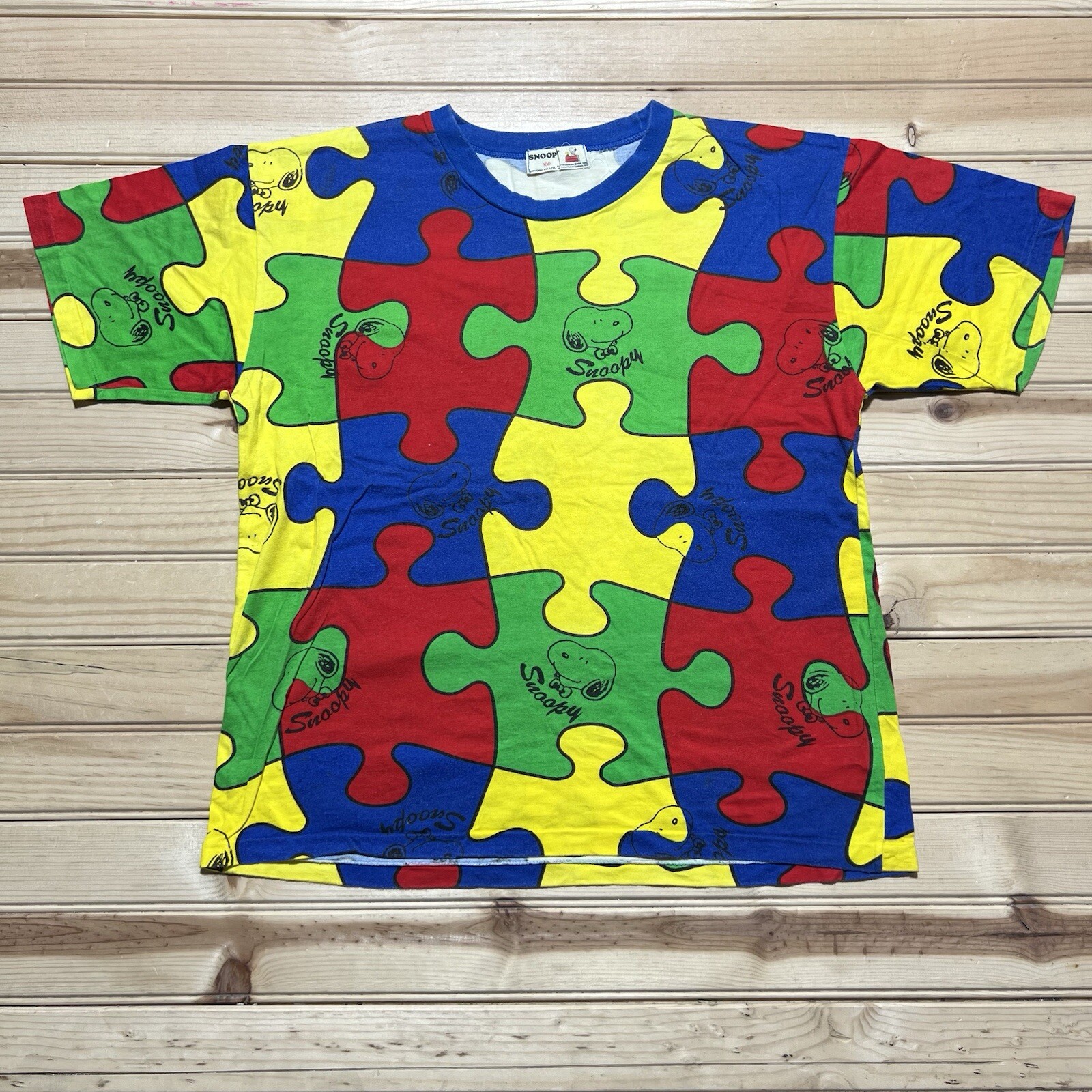 Vintage 80s Snoopy Peanuts Puzzle Print Multicolor T-Shirt Size M