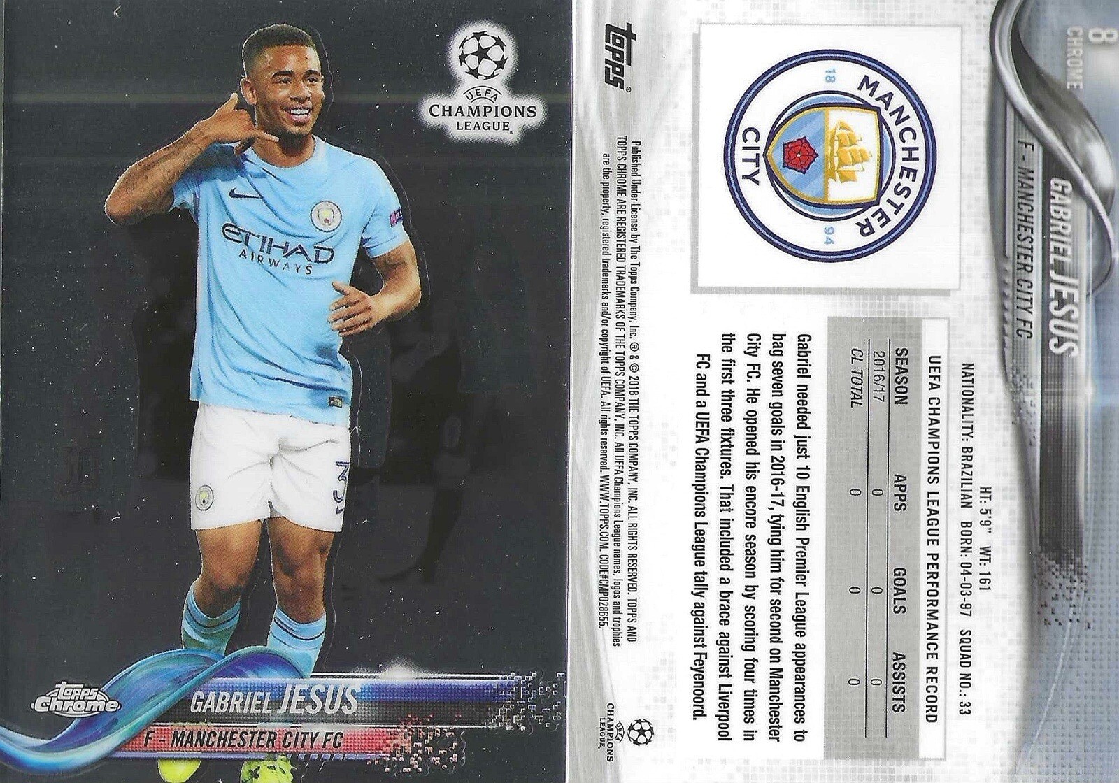 2017-18 Topps Chrome UCL Gabriel Jesus #8 Rookie RC