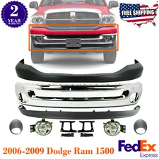 Front Bumper Chrome + Fog Lights + Bezels For 2006-2009 Dodge Ram