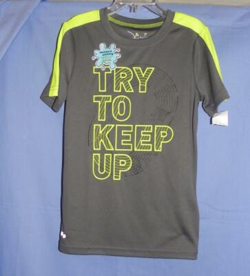 NWT - Boy's Moisture Wicking Play Cool T-Shirt -Try to Keep Up - Gray/Grn - Sz 7