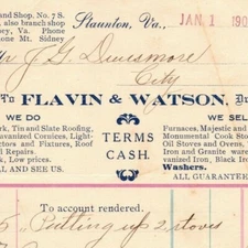 1907 Scarce Flavin & Watson Ranges Stoves Ovens Staunton, VA Letterhead Billhead