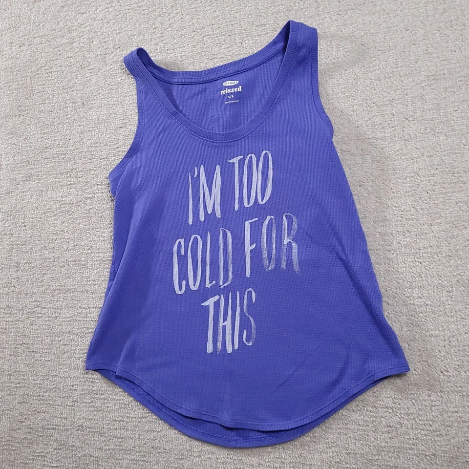 Camiseta sin mangas Old Navy para mujer S pequeña azul blanco cuello redondo I’m Too Cold For This Tee Foto 2 de 4