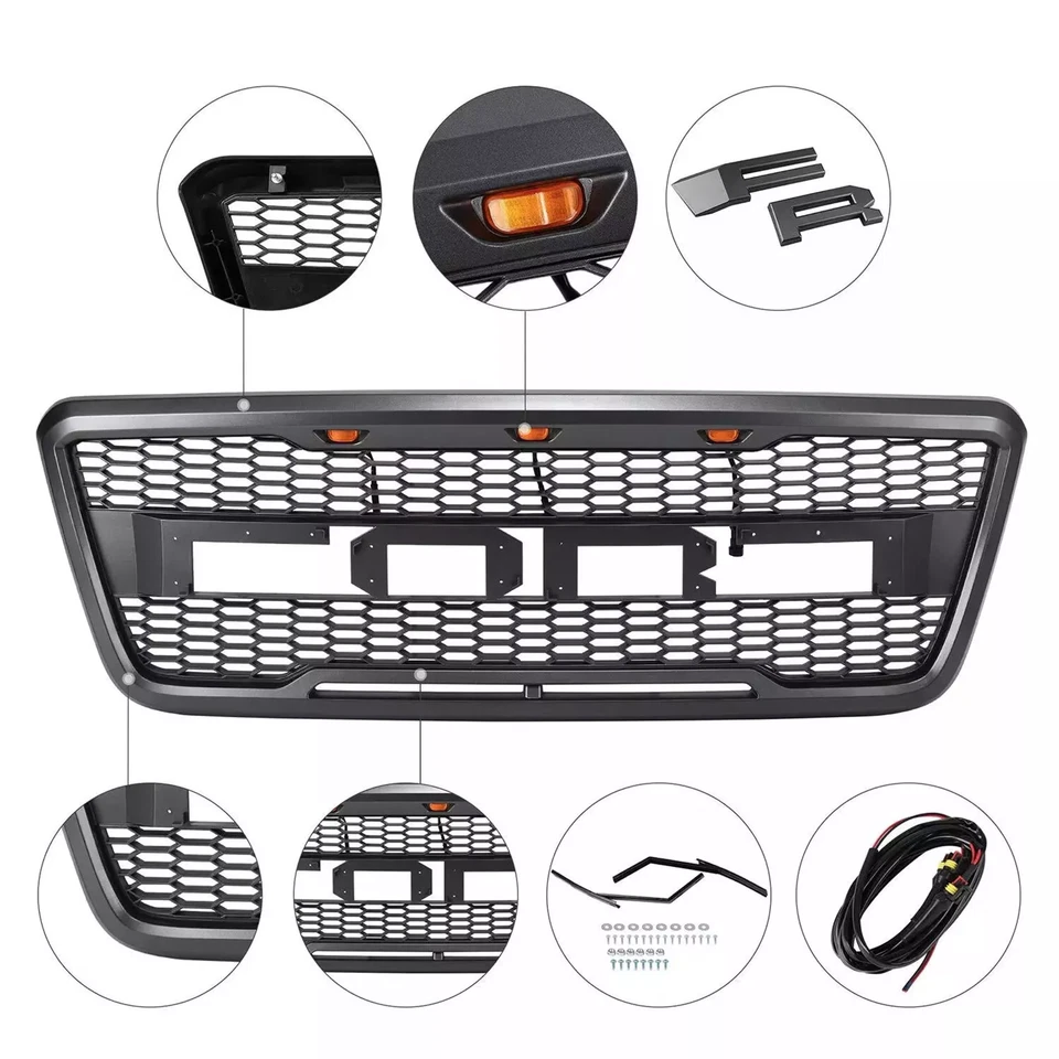 For 2004-2008 F150 F-150 Black Raptor Style Front Bumper Grille Grill w/ Lights Foto 3 de 4