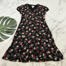 Loft Womens Vintage Y2k Slip Dress Size 6 Black Red Floral Ruffle Trim Flutter