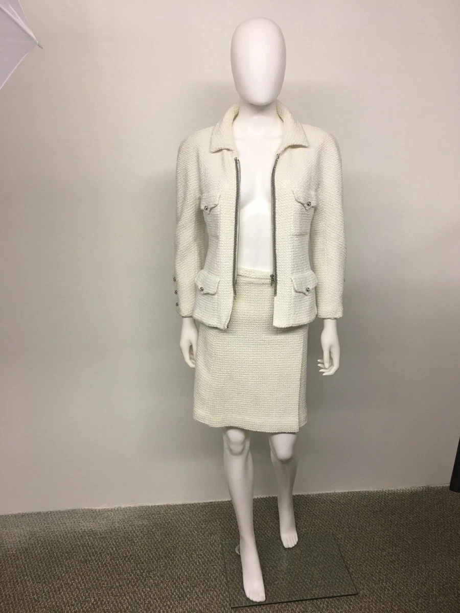 Chanel Classic Tweed Boucle Skirt White Suit Jacket Recent 42