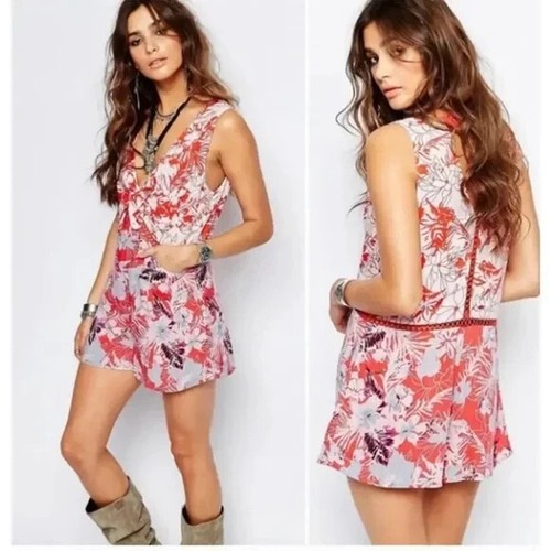 FREE PEOPLE Voile Santiago orange Boho Romper Floral Print Size Medium Women's